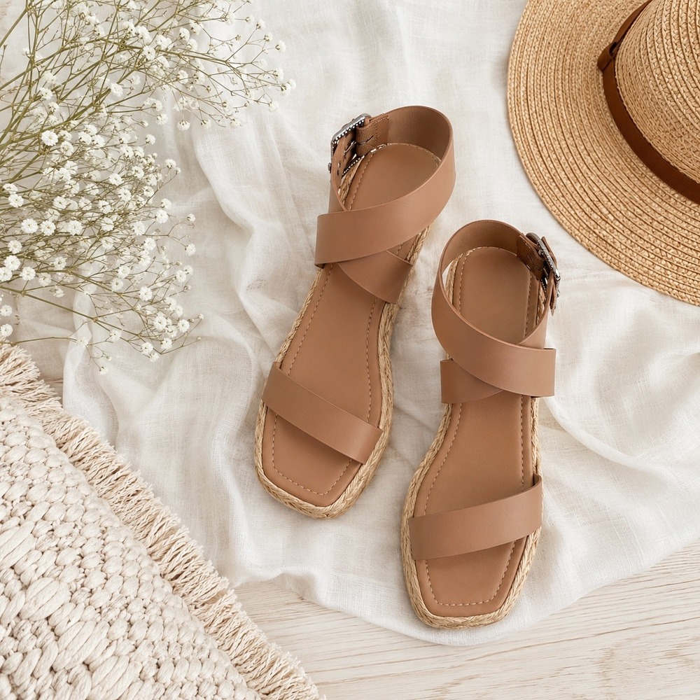 Dolce Vita Wedge Sandals Womens Tan Leather Espadrille Square Toe Summer Boho